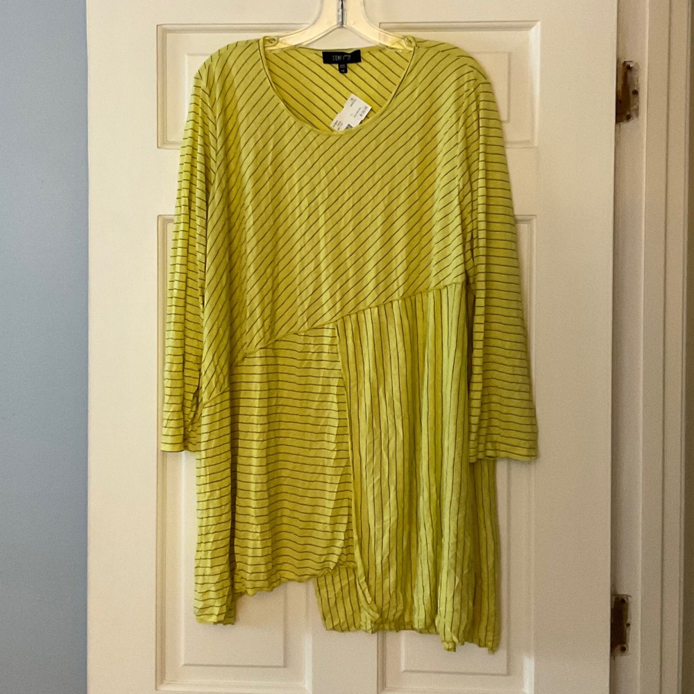 Comfy USA Amy Top Yellow Pinstripe Tunic 1X NWT Asymmetrical Lagenlook Artsy
